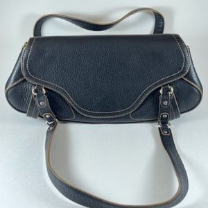 Cole Haan Black Pebbled Leather Small Handbag Satchel Purse, Tan Stitching